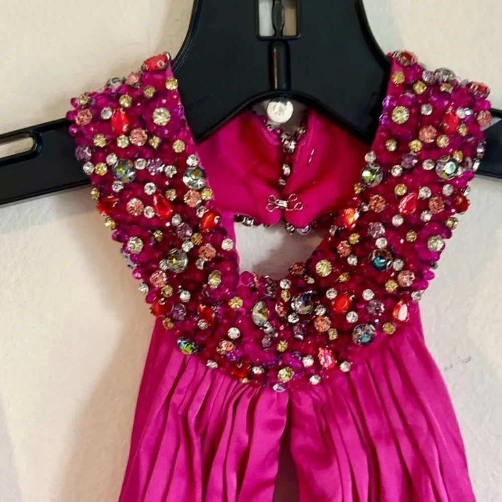 Mac Duggal Fuchsia Beaded Halter Neck Satin Mermaid Gown